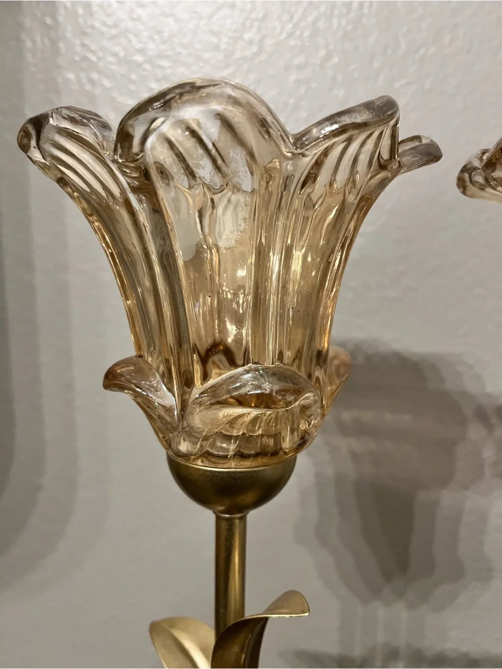 Gold Floral Glass Tulip Table Lamps - Pair